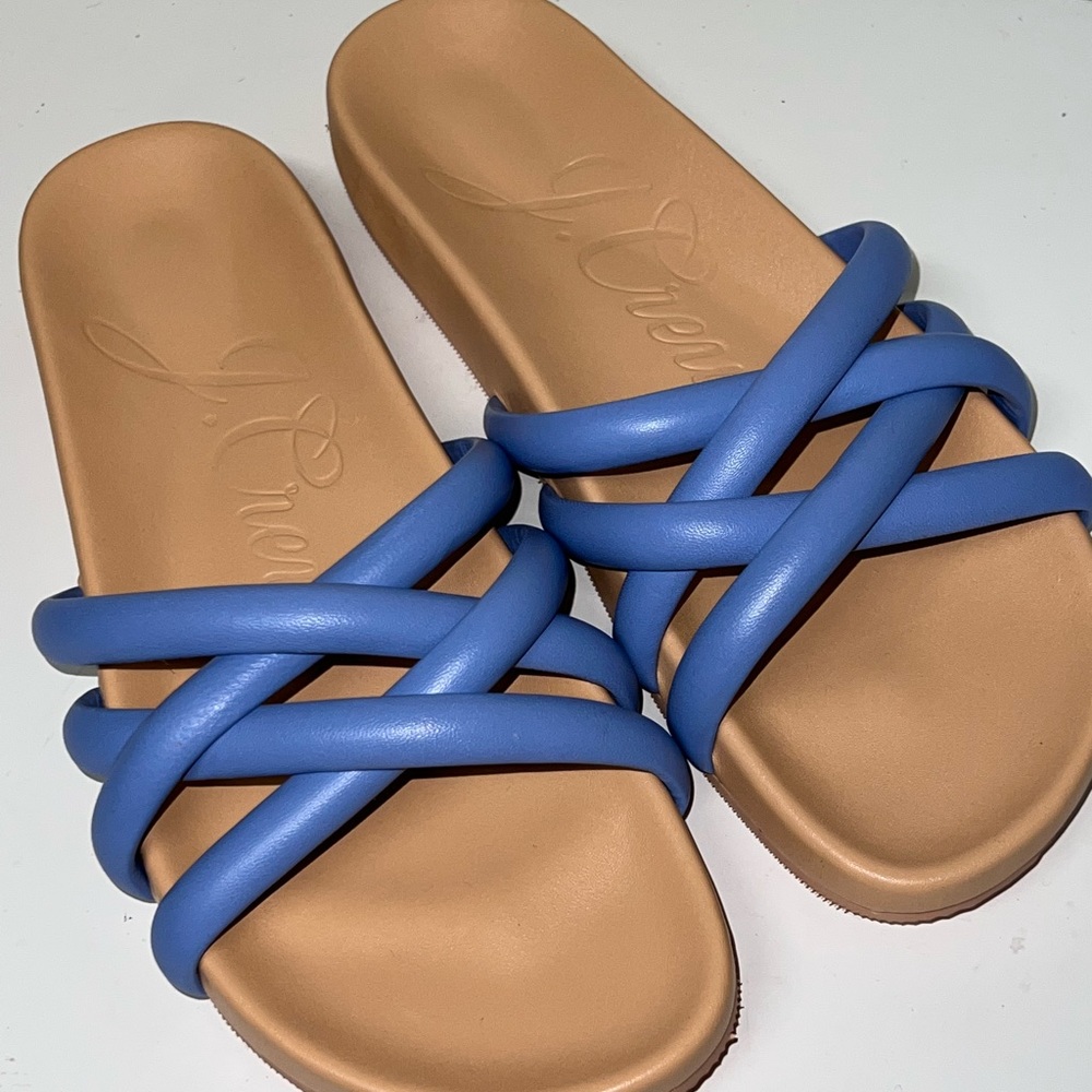 J. Crew Blue Strappy Slide Sandals with Tan Footbed